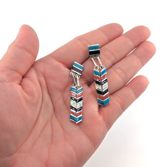 Zuni Multi Stones Inlay Dangle Earrings Sterling Silver Handmade Jewelry ** - Picture 6 of 10
